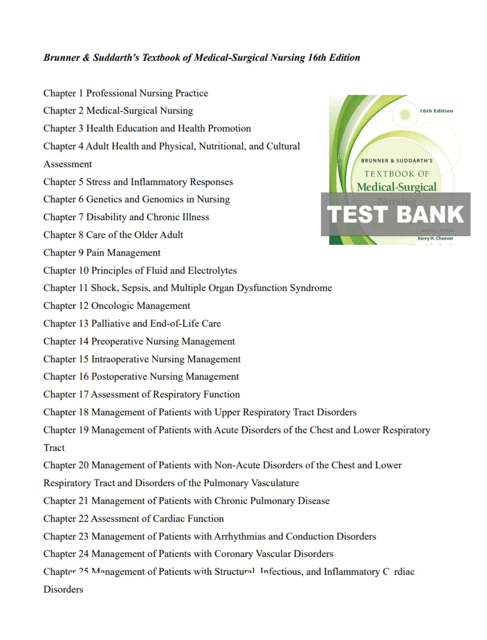 Test Bank For Brunner & Suddarth's Textbook of Medical-Surgical Nursing 16 Edition - Covers All Chapters
