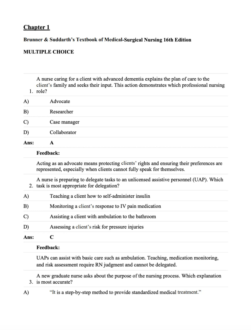 Test Bank For Brunner & Suddarth's Textbook of Medical-Surgical Nursing 16 Edition - Covers All Chapters