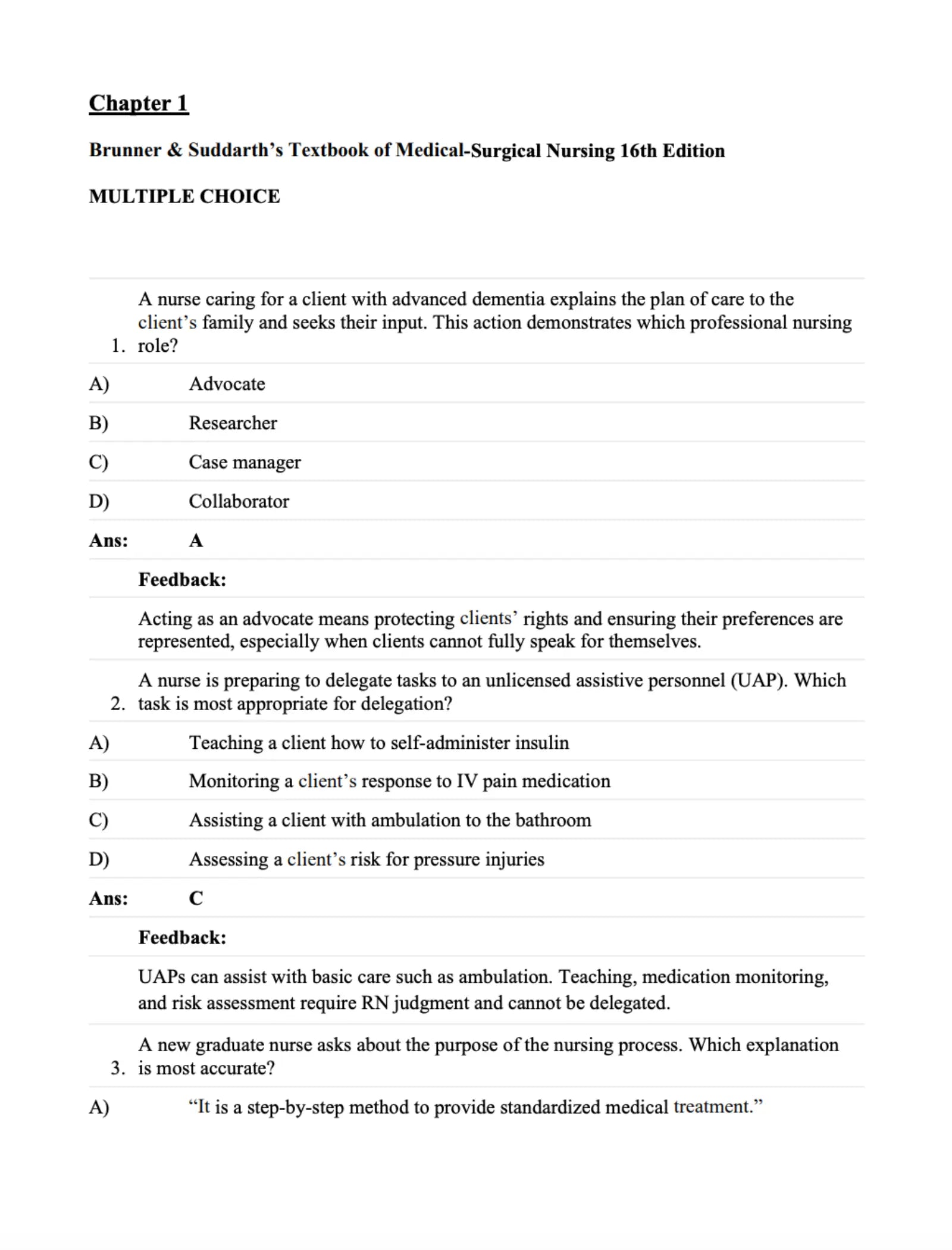 Test Bank For Brunner & Suddarth's Textbook of Medical-Surgical Nursing 16 Edition - Covers All Chapters